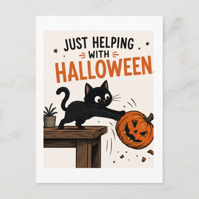 Funny Black Cat Knocking Over Pumpkin Halloween Postcard (Front)
