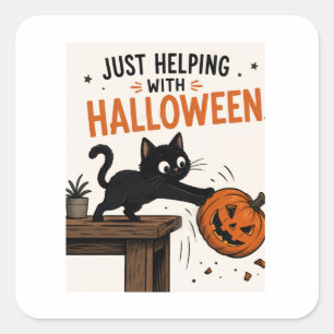 Funny Black Cat Knocking Over Pumpkin Halloween Square Sticker