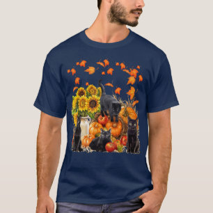 Funny Black Cat Leaf Fall Hello Autumn For Cute Ki T-Shirt