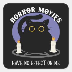 Funny Black Cat Loves Horror Movie Square Sticker