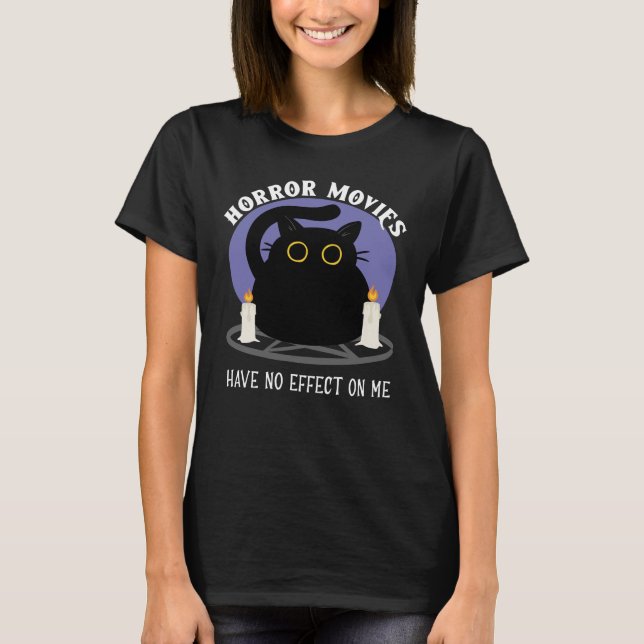 Funny Black Cat Loves Horror Movie T-Shirt (Front)