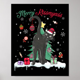 Funny Black Cat Merry Kissmy Santa Hat Tree Chrits Poster