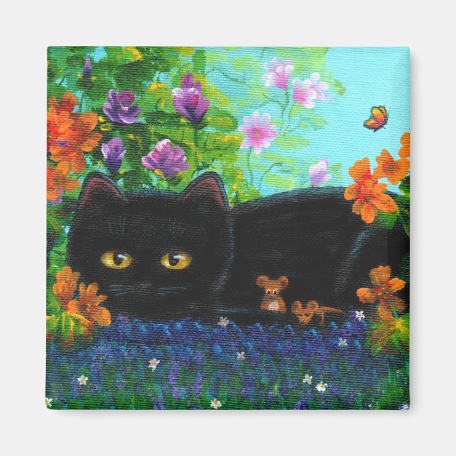 Funny Black Cat Mouse Flowers Creationarts Magnet (Front)