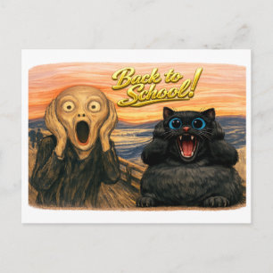 Funny Black Cat Munch Parody Scene Back to School! Postcard