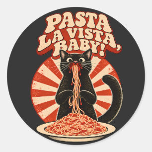 Funny Black Cat Pasta Retro Orange Cream Art Classic Round Sticker