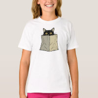 Funny Black Cat Peeking From Paper Grocery Bag T-S