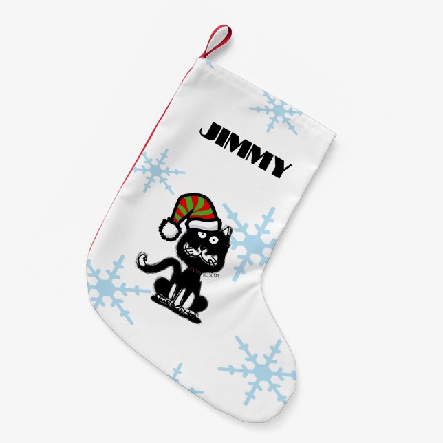 Funny Black Cat Personalised Holiday Small Christmas Stocking (Front (Hanging))