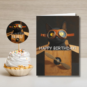 Funny Black Cat Pilot in Airplane Box Birthday Card