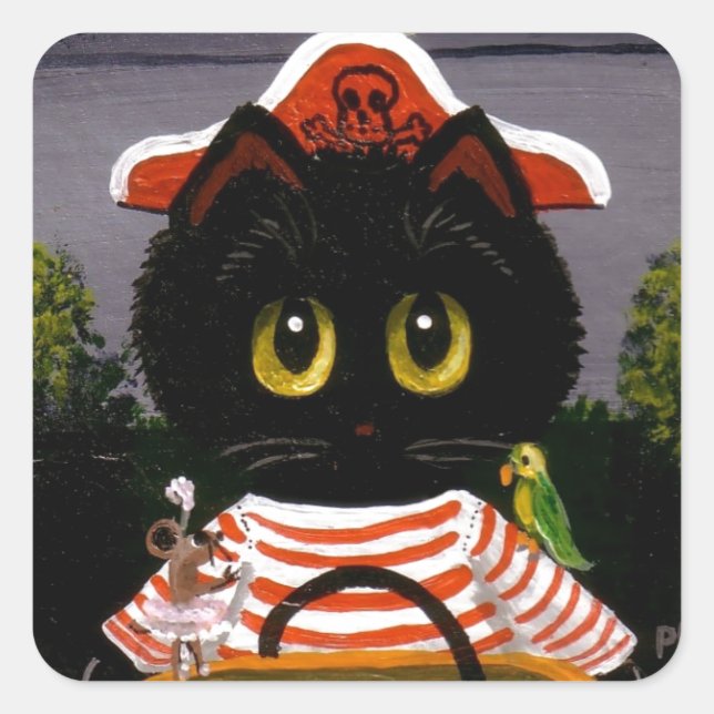Funny Black Cat Pirate Creationarts Lisa Adams Square Sticker (Front)