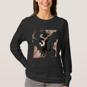 Funny black cat playing banjo dancing cat pet T-Shirt