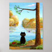 Funny Black Cat Poster Print Waterfall Lake