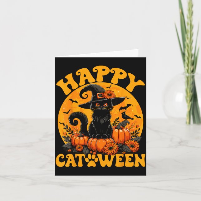 Funny Black Cat Pumpkin Witch Kitten Full Moon Card (Front)