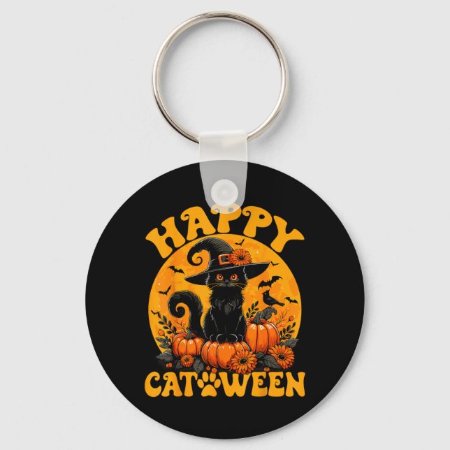 Funny Black Cat Pumpkin Witch Kitten Full Moon Key Ring (Front)