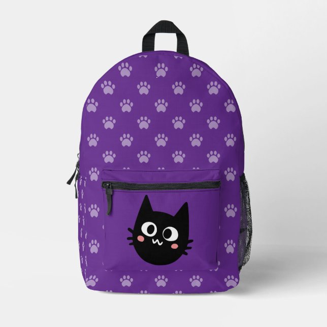 Funny Black Cat Purple Printed Backpack (Front)