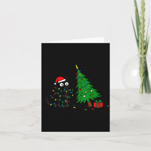 Funny Black Cat Pushing 67 Christmas Tree Over Cat Card