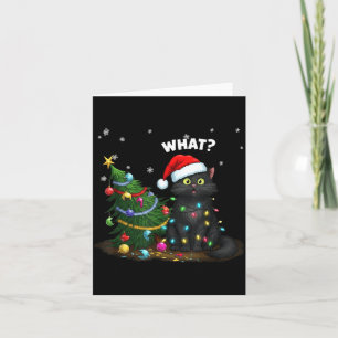Funny Black Cat Pushing Christmas Tree Card