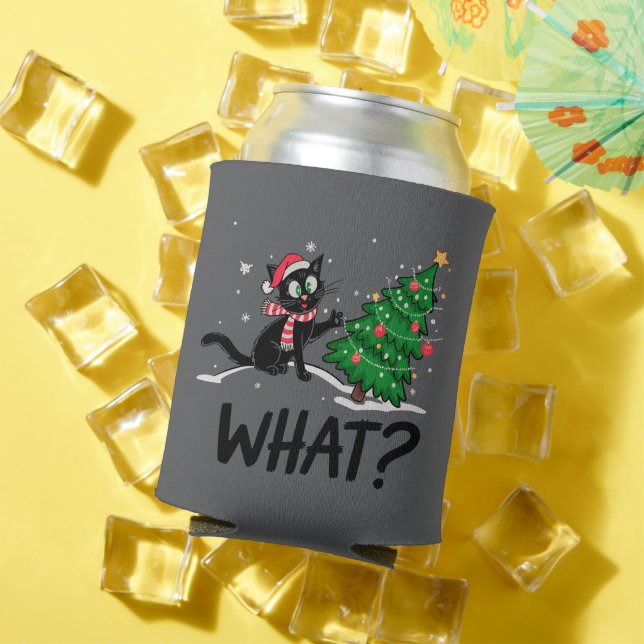 Funny Black Cat Pushing Christmas Tree Cat What? Can Cooler (In Situ Summer)