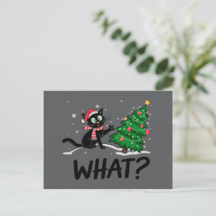 Funny Black Cat Pushing Christmas Tree Cat What? Holiday Postcard