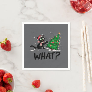 Funny Black Cat Pushing Christmas Tree Cat What? Napkin