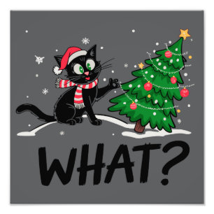Funny Black Cat Pushing Christmas Tree Cat What? Photo Print