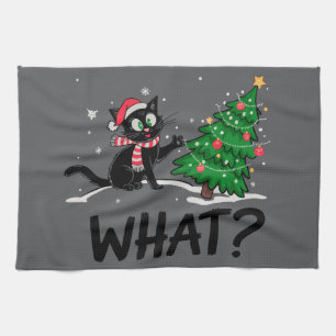 Funny Black Cat Pushing Christmas Tree Cat What? Tea Towel
