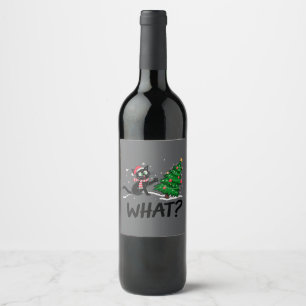 Funny Black Cat Pushing Christmas Tree Cat What? Wine Label