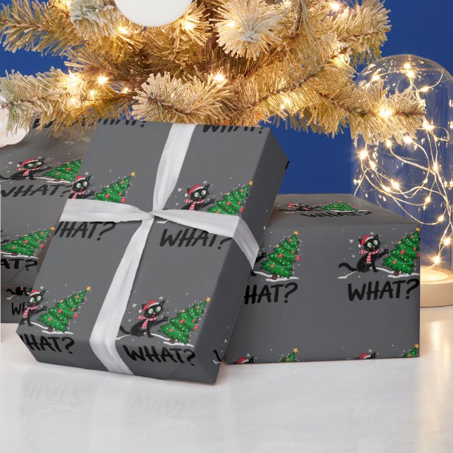 Funny Black Cat Pushing Christmas Tree Cat What? Wrapping Paper (Holidays)