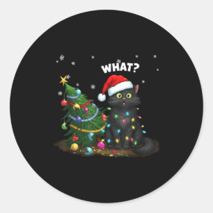 Funny Black Cat Pushing Christmas Tree  Classic Round Sticker
