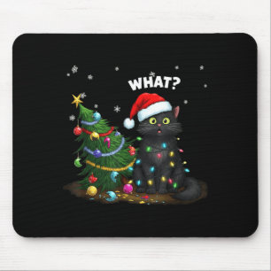 Funny Black Cat Pushing Christmas Tree  Mouse Pad