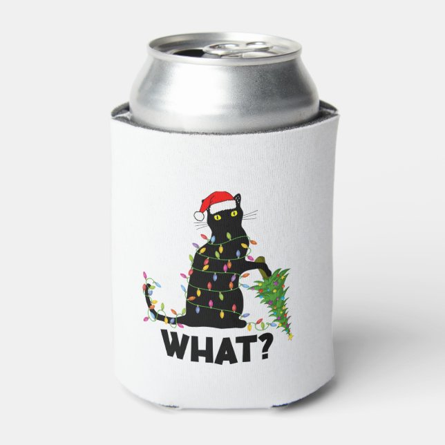 Funny Black Cat Pushing Christmas Tree Over Cat Ch Can Cooler (Can Front)