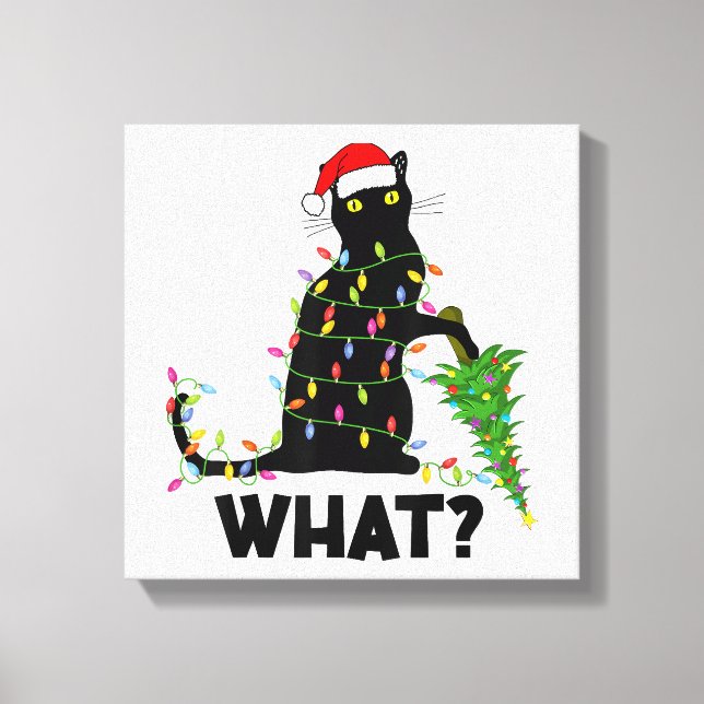 Funny Black Cat Pushing Christmas Tree Over Cat Ch Canvas Print (Front)