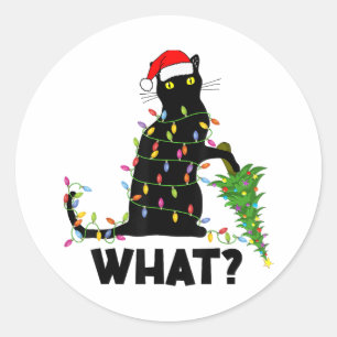 Funny Black Cat Pushing Christmas Tree Over Cat Ch Classic Round Sticker