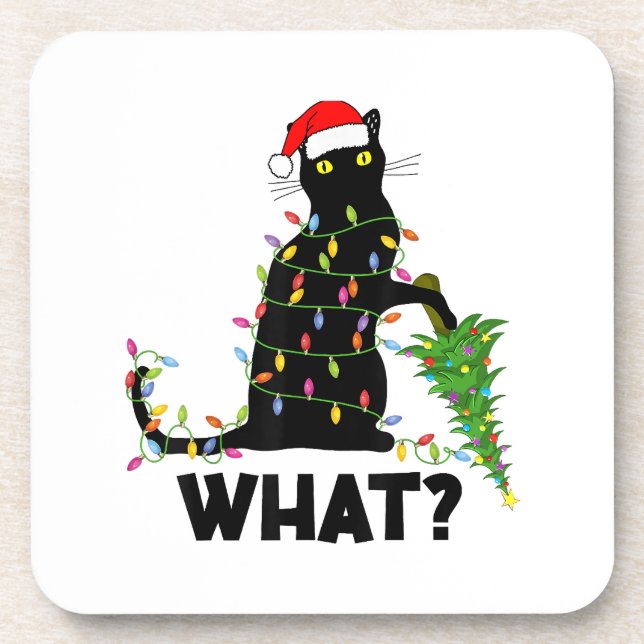 Funny Black Cat Pushing Christmas Tree Over Cat Ch Coaster (Front)