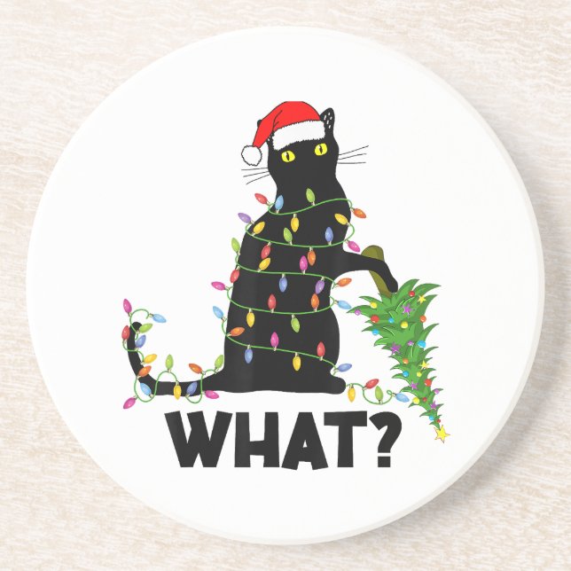 Funny Black Cat Pushing Christmas Tree Over Cat Ch Coaster (Front)