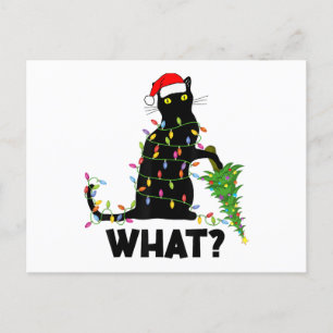 Funny Black Cat Pushing Christmas Tree Over Cat Ch Holiday Postcard