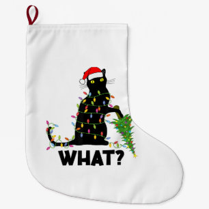 Funny Black Cat Pushing Christmas Tree Over Cat Ch Large Christmas Stocking