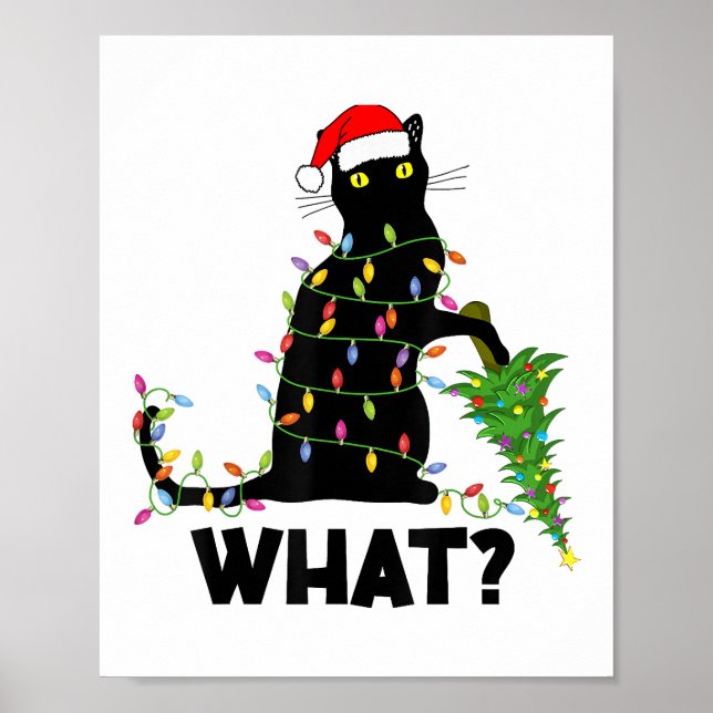 Funny Black Cat Pushing Christmas Tree Over Cat Ch Poster (Front)