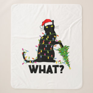 Funny Black Cat Pushing Christmas Tree Over Cat Ch Sherpa Blanket
