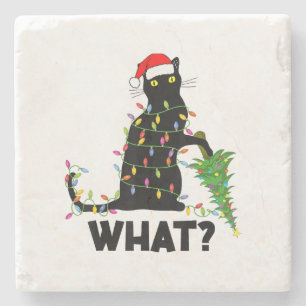 Funny Black Cat Pushing Christmas Tree Over Cat Ch Stone Coaster