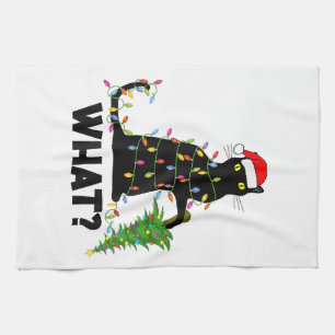 Funny Black Cat Pushing Christmas Tree Over Cat Ch Tea Towel