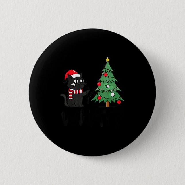 Funny Black Cat Pushing Christmas Tree Over Cat Wh 6 Cm Round Badge (Front)