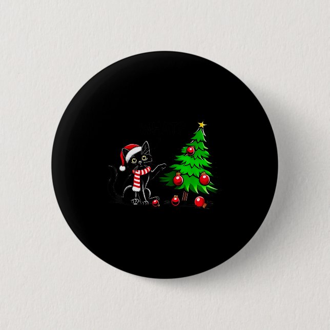 Funny Black Cat Pushing Christmas Tree Over Cat Wh 6 Cm Round Badge (Front)