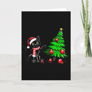 Funny Black Cat Pushing Christmas Tree Over Cat Wh Card