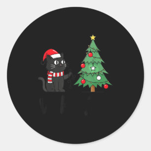 Funny Black Cat Pushing Christmas Tree Over Cat Wh Classic Round Sticker