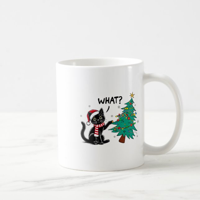 Funny Black Cat Pushing Christmas Tree Over Cat Wh Coffee Mug (Right)