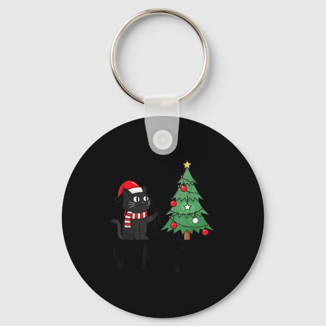 Funny Black Cat Pushing Christmas Tree Over Cat Wh Key Ring (Front)