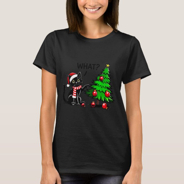 Funny Black Cat Pushing Christmas Tree Over Cat Wh T-Shirt (Front)