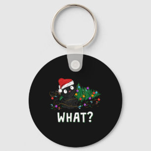 Funny Black Cat Pushing Christmas Tree Over Graphi Key Ring