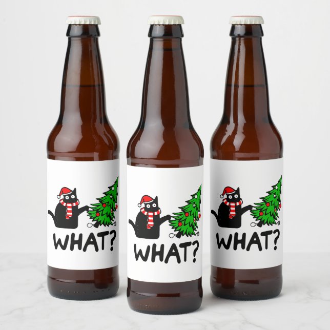 Funny Black Cat Pushing Christmas Tree Pet Lover Beer Bottle Label (Bottles)