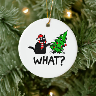 Funny Black Cat Pushing Christmas Tree Pet Lover Ceramic Tree Decoration